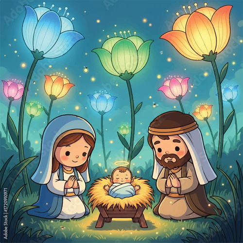 Cute cartoon depiction of the Holy Family at the nativity scene, surrounded by glowing flowers.