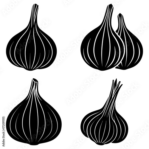 Four black and white garlic bulbs with detailed line work against a white background illustration