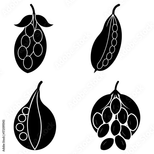 Four black and white stylized illustrations of legumes and beans in various pod shapes and arrangements