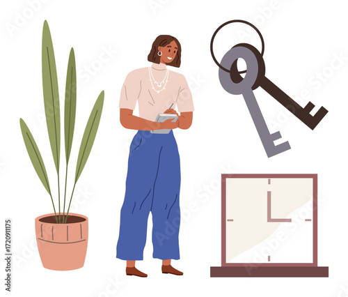 Woman standing with a notebook, large decorative plant, symbolic keys, and a clock representing time management. Ideal for productivity, organization, success, work-life balance, planning time