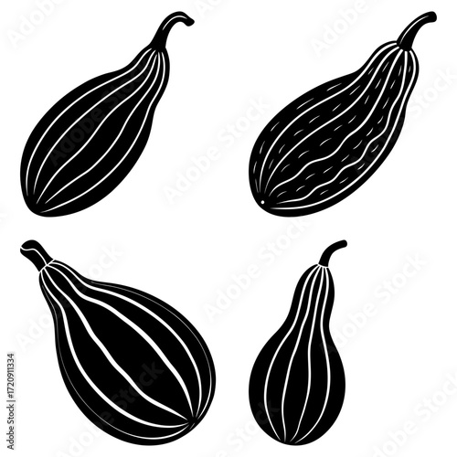 Four black and white gourds with vertical lines in varying orientations on a white background art design