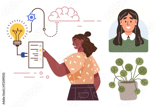 Woman interacting with tasks, lightbulb for innovation, gears for process, cloud for ideas. Ideal for creativity, project management, education, strategy, teamwork self-growth simple flat metaphor