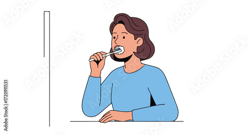 A woman brushes her teeth in the morning, showcasing personal hygiene routines and health awareness in daily life at the bathroom mirror