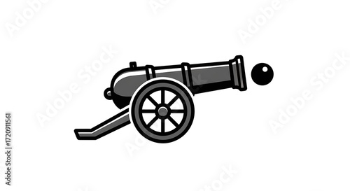 A stylized illustration of a cannon firing a projectile, presented in a simple, monochromatic design.