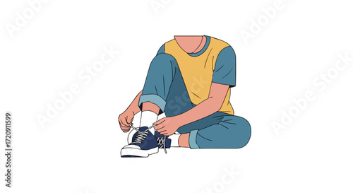 Person tying shoelaces in an illustrated style displaying independence and self-care concept isolated on white background