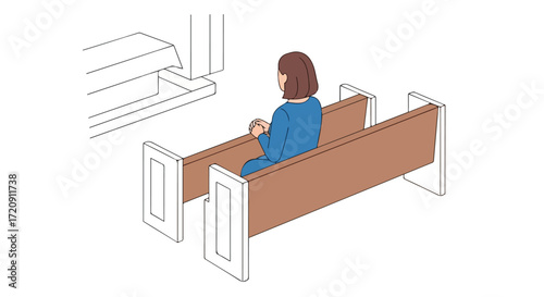 Illustration depicting a solitary woman praying in a church pew during a moment of quiet reflection and meditation