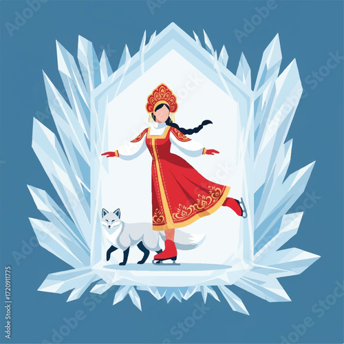 A Russian woman ice skates, adorned in traditional attire, with an arctic fox beside her, framed by ice crystals.