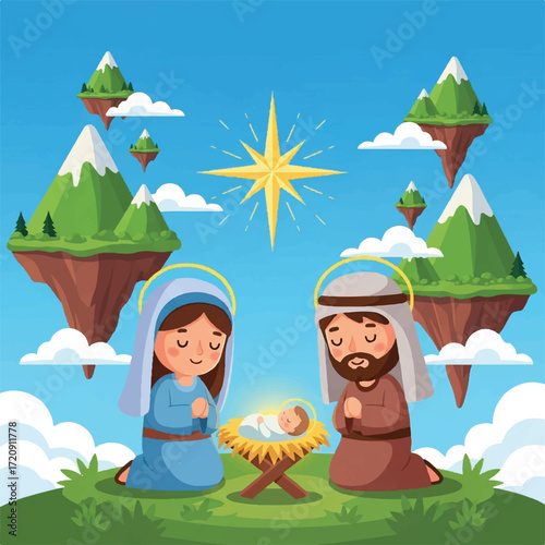Holy Family Nativity scene with floating islands and star, celebrating the birth of Jesus Christ.