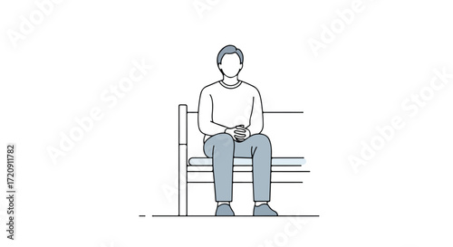 Minimalist illustration of a seated figure in contemplation on bench, linear design showing calm, anonymous character in neutral tones for use in