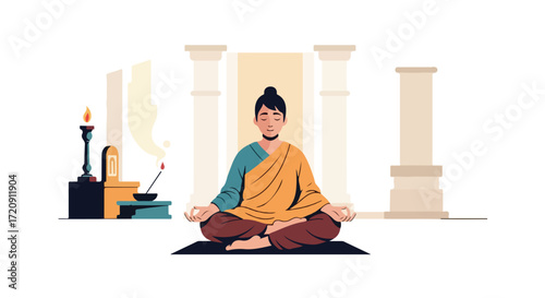 Peaceful meditation scene with a serene figure in lotus position and temple-like surroundings illustration