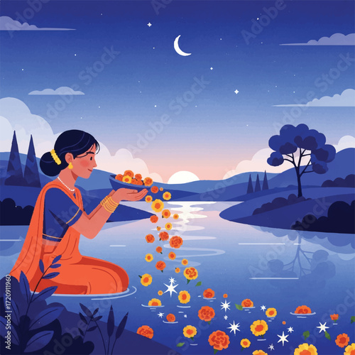 A woman in traditional attire offering flowers into a serene river at dusk, under a crescent moon.
