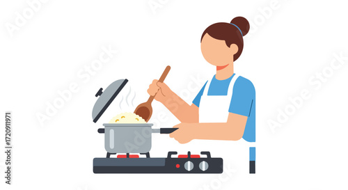 Illustration of a person cooking food in a pot on a stove, using a wooden spoon, simplified style, and clear white background