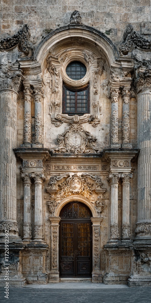 Obraz premium Ornate stone doorway with arched window and detailed carvings
