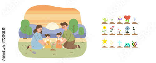 Family Planting a Seedling Together Outdoors - Flat Design Vector for Cooperation and Relationships