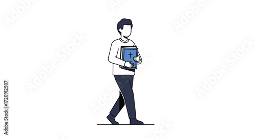 A Minimalistic Illustration of a Person Carrying Holy Books, Representing Faith and Devotion with a Simple Graphic Style conveying a Modern Sense