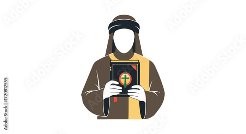 An illustration presenting a figure in traditional middle eastern attire holding a significant religious book in his hands with faith symbol on the