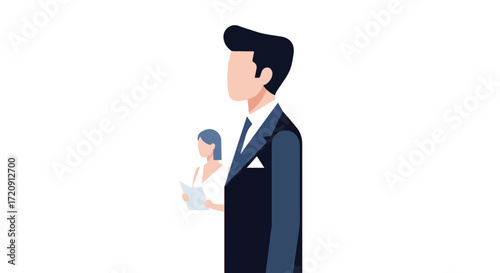Corporate professionals: Stylized vector illustration of business figures against a plain white backdrop, focused on leadership and teamwork synergy