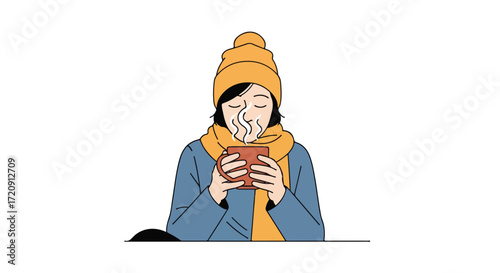 Serene moment: a woman in winter attire savors the warmth of a steaming beverage on a cold day illustrated scene