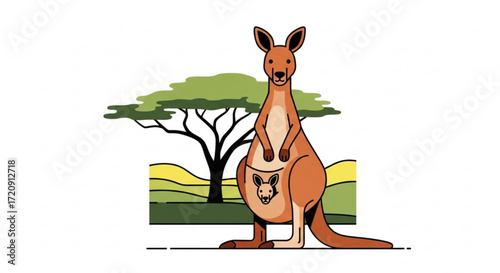 Cute kangaroo with joey in pouch illustration vector drawing for kids animal wildlife nature education 100