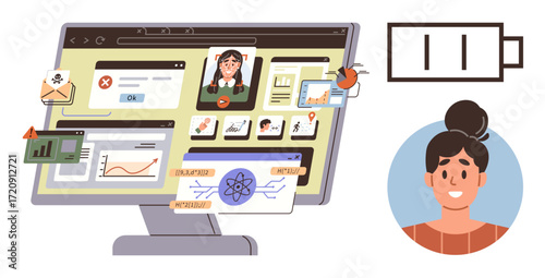 Computer screen filled with apps, reports, video chats woman avatar nearby, battery icon low. Ideal for technology, remote work, teamwork, productivity, data management alerts simple flat metaphor