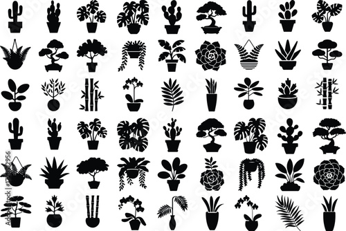 Houseplant Icon Silhouette Set Potted Plant and Botanical Silhouette Icons Collection