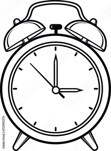 Black and White Illustration of a Classic Alarm Clock with Bells