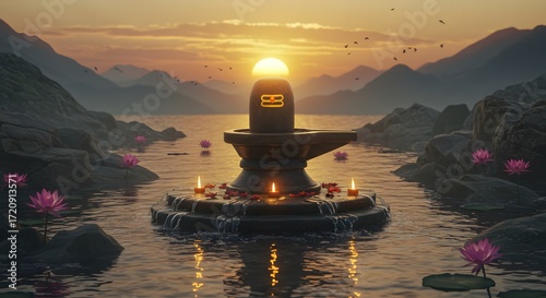 Ancient Shiva Lingam with Sunset  Lake Background, made by Ai