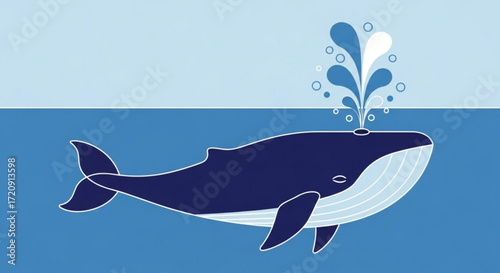 Whale watching illustration of a blue whale with water spout in ocean for marine life conservation 100