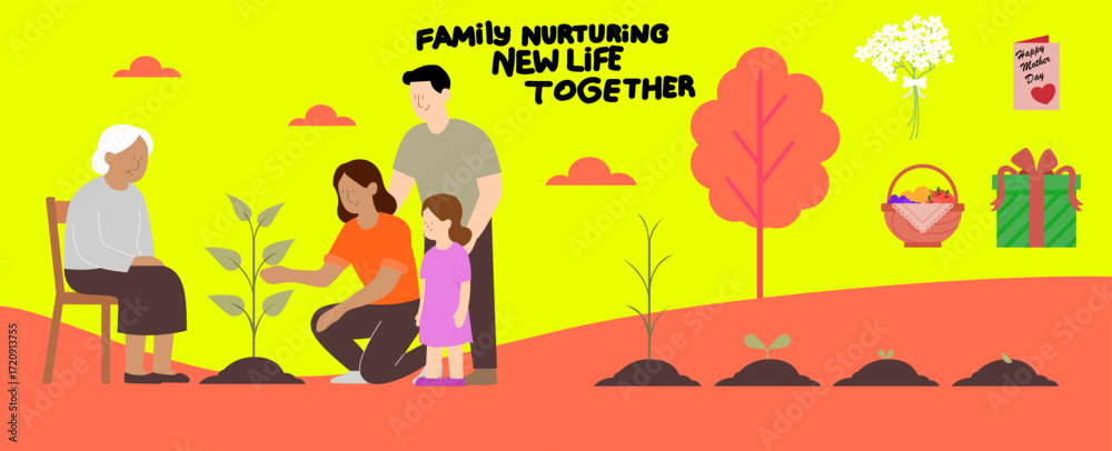 Fototapeta premium Family Nurturing New Life Together, Passing On a Seed to the Next Generation - Flat Design