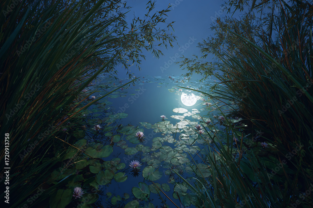 Obraz premium circular moon garden with reflective crescent shaped pond glowing lilies on water surface tall grasses swaying under moon breeze concept of fantasy lifestyle nature photography and garden architecture
