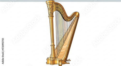 Golden harp musical instrument illustration for classical music and orchestral performance design element