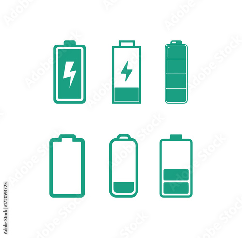Icon set of various battery models and charging levels designed for energy, power supply, electricity, and modern technology illustrations