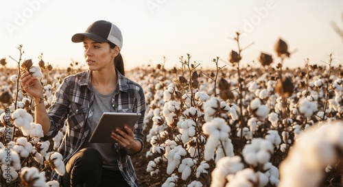A female farmer uses a tablet to inspect a cotton crop in a field. Agronomist applying smart farming technology. Modern agriculture concept