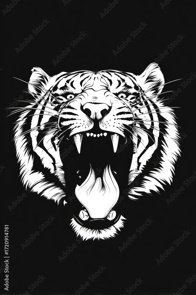 Fototapeta premium A powerful tiger's head, rendered in bold black and white, showcasing a ferocious expression.