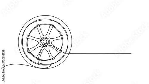 Self drawing line animation car wheel continuous line drawn concept, animation of a continuous drawing of a car tire with one line. linear video, Black and white Cartoon car tire wheels for kids This 