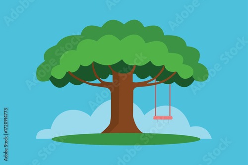 A large tree a swing hanging one of its branches, set against a blue background some clouds green grass at the bottom