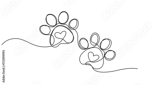 Dog or cat paw footprint and heart continuous one line drawing animation, Video. Dog and cat paw hearts drawn in one continuous line. Dog paw prints in a heart frame in a simple linear style. Concept