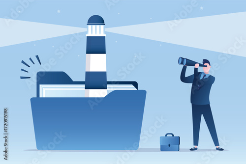 Database, searching info, files management. Giant folder with light house shining bright light to see and find files. New knowledge. Storage and indexing of information.