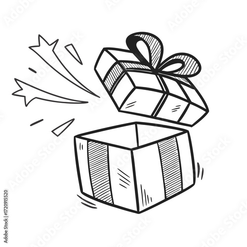 Open gift box with stars and lines present surprise