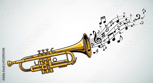 Golden trumpet musical instrument with floating notes vector illustration for music lovers and musicians