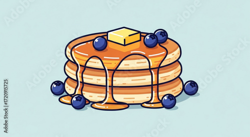 Delicious breakfast pancakes with blueberries and butter stack food sweet dessert tasty morning syrup treat hundred