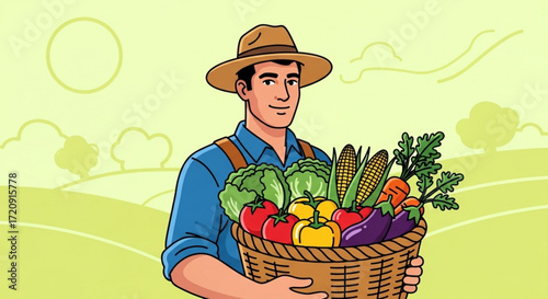 Farmer holding basket full of fresh organic vegetables harvest from local farm agriculture produce market