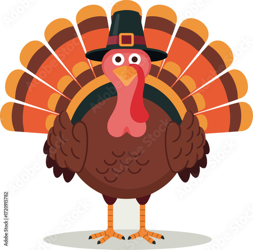 Cartoon turkey wearing a pilgrim hat with fanned out orange and brown feathers thanksgiving bird