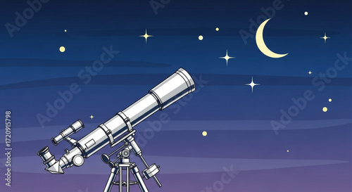 Telescope observing moon and stars in the night sky for astronomy stargazing and space exploration view