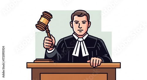 Judge in courtroom illustration holding gavel law and order justice system legal authority and decision making