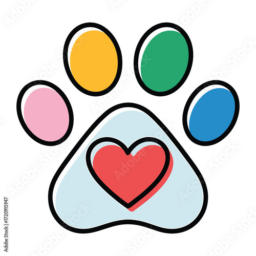 Colorful paw print with a heart inside symbolizes love for animals, pet care, adoption, and veterinary services