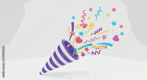 A vibrant 3D illustration of a purple and white striped party popper exploding with colorful confetti, streamers, stars, and hearts against a clean white background, symbolizing celebration and joy.