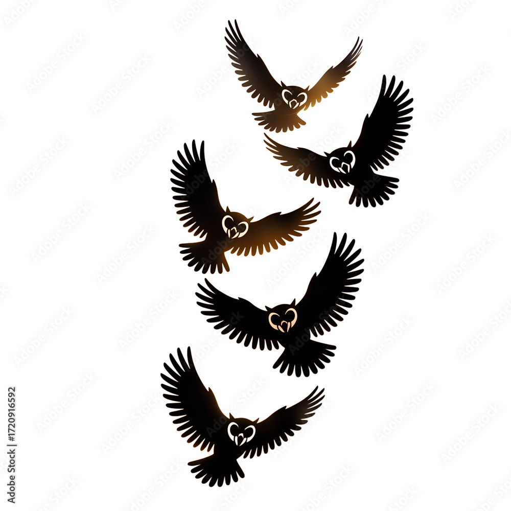 Obraz premium Five stylized owls in flight, dark background, golden outline, mystical mood, vector illustration.