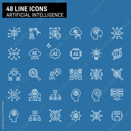 Artificial intelligence set of web icons in line style. AI technology icons for web and mobile app. Machine learning, digital AI technology, algorithm, smart robotic, cloud computing network
