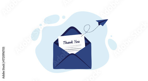 Express your gratitude with a heartfelt 'Thank You' note delivered by a playful paper airplane flying from an open envelope